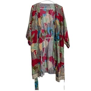 SUDARA Floral Print Long Punjammies Kimono‎ Robe Pockets Tie Belt Vibrant